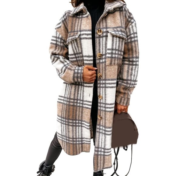 Soft and Stylish Khaki Plaid Shacket for Women - Perfect for Fall & Spring Wear - Picture 1 of 6